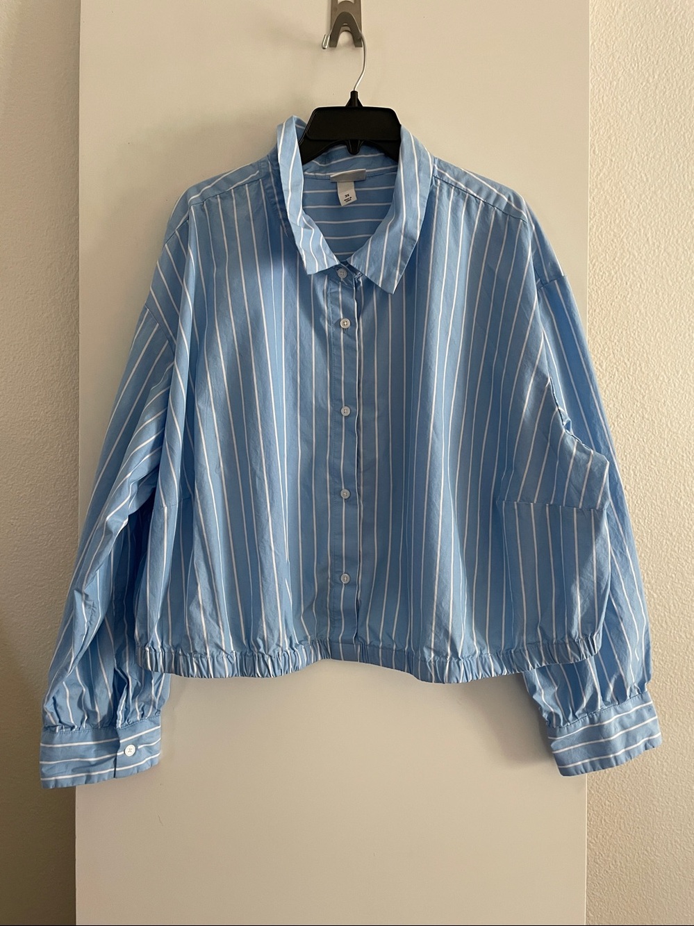 Pure Cotton Blue White Striped Long Sleeve Button Up Shirt Top Cinched Waist